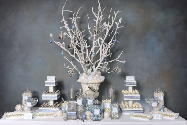 Winter wonderland dessert table with a snowy branch centerpiece