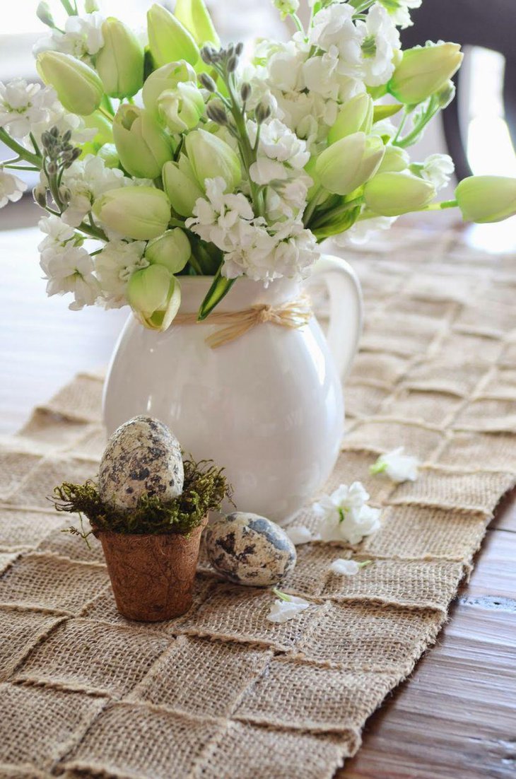 Woven burlap table runner for spring dinner tablescape